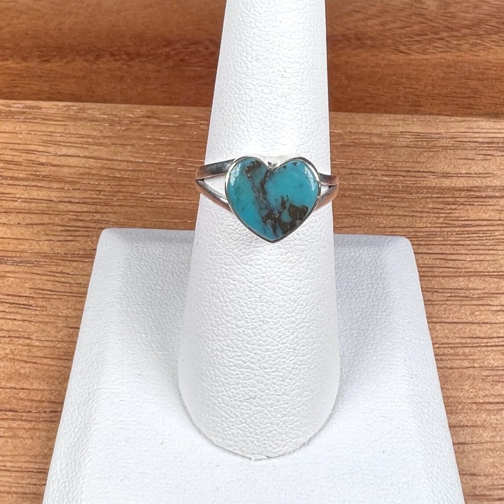 Natural Heart Shaped Morenci Mine Turquoise Sterling Silver Ring - Sz 7
